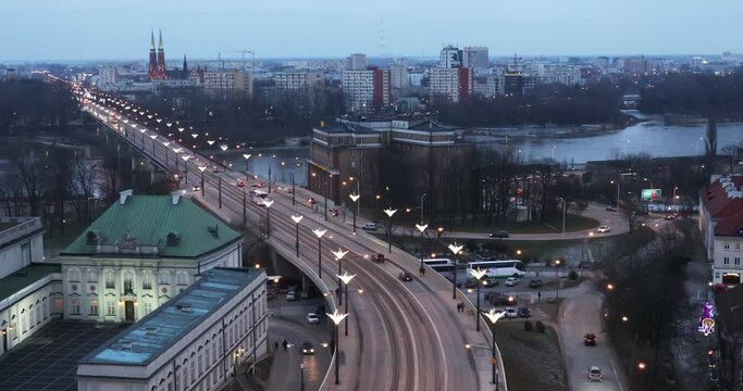 View to Warsaw and Slasko-Dabrowski Bridge at dusk.