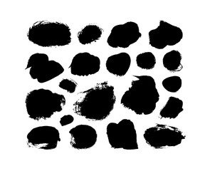 Vector black paint, ink brush strokes and shapes collection. Dirty grunge circles and dots, box or background for text. Grungy black smears and stain. Hand drawn ink illustration isolated on white