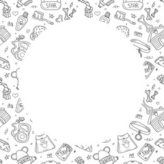 Hand drawn doodle template of pet shop. Dog accessories elements: doghouse, leash, bone, care elements ets. Sketch style vector stock illustration with space for text isolated on white background.