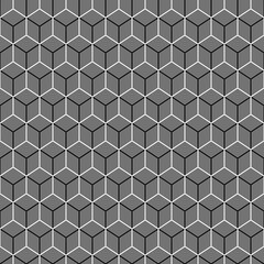 Repeated color interlocking polygons tessellation on white background. Seamless surface pattern design with regular hexagons. Hexagonal grid motif. Black three pronged blocks. Honeycomb wallpaper.