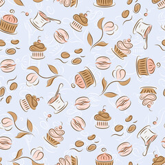 Seamless pattern with desserts: cupcakes, macaroon, yogurt, muffins, coffee beans. Pastel colours.