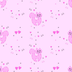 Pretty cats and hearts on a gently pink background. Ornament for the girl. Seamless vector illustration.