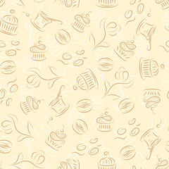 Seamless pattern with desserts: cupcakes, macaroon, yogurt, muffins, coffee beans.