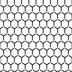 Repeated white interlocking regular hexagons tessellation background. Seamless surface pattern design with bee combs. Hexagonal grid motif. Honeycomb wallpaper. Black three pronged blocks. Vector.