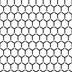 Repeated white interlocking regular hexagons tessellation background. Seamless surface pattern design with bee combs. Hexagonal grid motif. Honeycomb wallpaper. Black three pronged blocks. Vector.