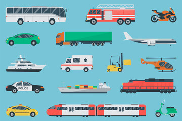 Transportation icons set. City cars and vehicles transport. Car, ship, airplane, train, motorcycle, helicopter. Flat design. Vector