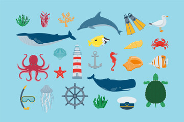 Sea icons and symbols set. Sea animals. Nautical design elements. Vector