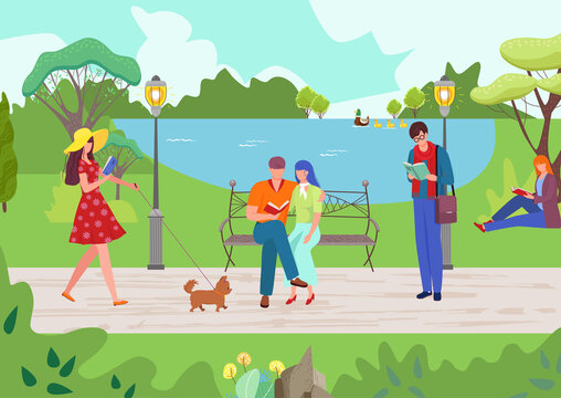 People relax at park nature, cartoon girl guy read book outdoor, vector illustration. Cartoon happy young man woman charcater at summer background. Flat tree, leisure, garden landscape.