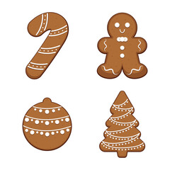 Set of 4 realistic gingerbread Christmas cookies. Vector illustration.