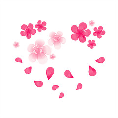 Obraz premium Valentines day card. Pink flying petals and flowers. Heart shaped flowers. Vector