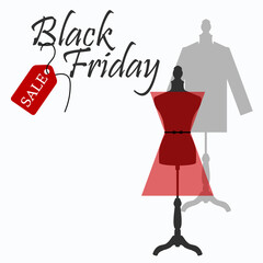 Concept for Black Friday. Image of a mannequin on a white background with the words black Friday and sale. Graphic printing for textiles and fabrics, packaging paper, banners, flyers, invitations.