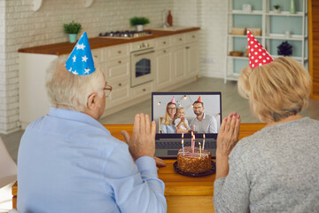 Back view of grandparents congratulating their little grandson on his birthday with a video call.