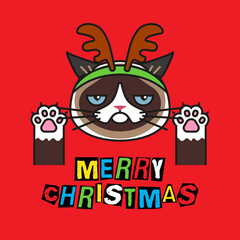 Grumpy cat in costume christmas deer on red