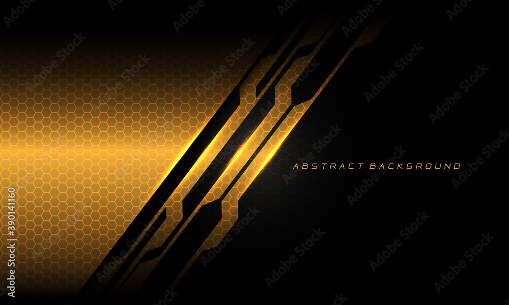 Fototapete abstract gold black cyber circuit line hexagon mesh pattern texture with text on blank space design 
