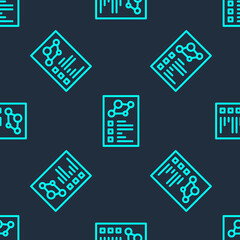 Green line Medical clipboard with clinical record icon isolated seamless pattern on blue background. Health insurance form. Prescription, medical check marks report. Vector.