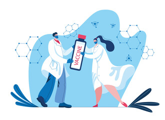 Scientists in lab coats and masks with an ampoule in her hands. Concept of a vector illustration on the topic of vaccine development.