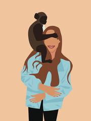 a young woman or girl, dressed in fashionable clothes, stands with a monkey in her arms. Flat color vector illustration. Active lifestyle, travel
