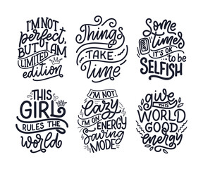 Set with funny hand drawn lettering compositions. Cool phrases for print and poster design. Inspirational feminism slogans. Girl power quotes. Greeting card template. Vector