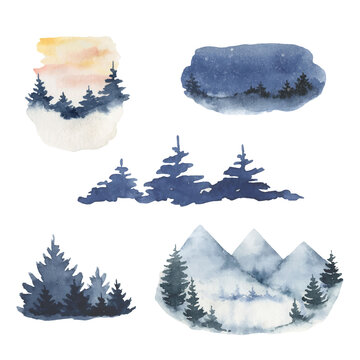 Watercolor vector set of forest winter landscapes.