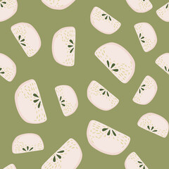 Seamles pattern with doodle pink random apple slices elements. Green pastel background.