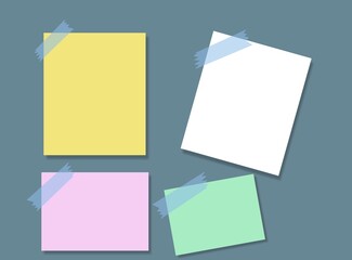 Paper notes with adhesive tape on gray background, vector illustration