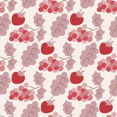 Vintage floral seamless pattern. Grapes, Strawberries, Leaves