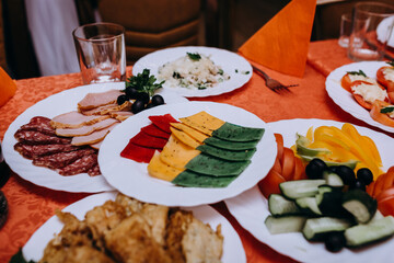 wedding banquet food colored cheese serving