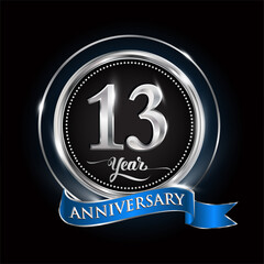 Fototapeta premium Celebrating 13th years anniversary logo. with silver ring and blue ribbon.