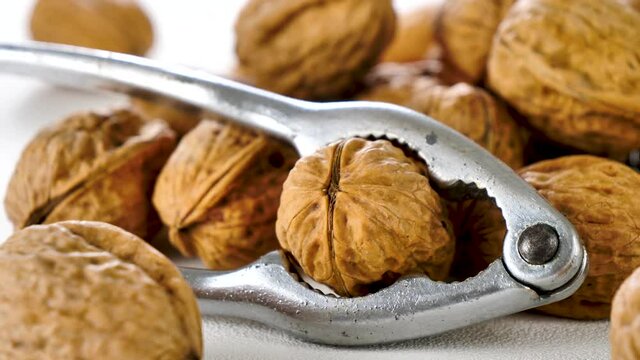 walnut and nutcracker on white background