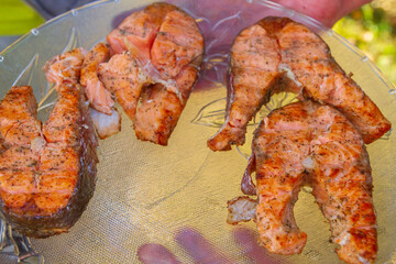 Grilled red fish trout steaks lie on a glass plate