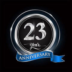 Celebrating 23rd years anniversary logo. with silver ring and blue ribbon.