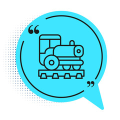 Black line Vintage locomotive icon isolated on white background. Steam locomotive. Blue speech bubble symbol. Vector.