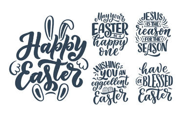 Set with calligraphy lettering slogans about Easter for flyer and print design. Templates for banners, posters, greeting postcards. Vector