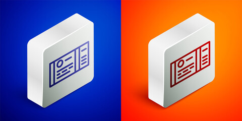 Isometric line Train ticket icon isolated on blue and orange background. Travel by railway. Silver square button. Vector.