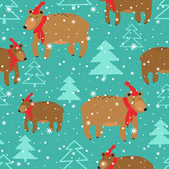 Colorful background with bears, fir trees, snow. Decorative cute backdrop vector. Happy New Year, seamless pattern with animals. Winter time - 390145117