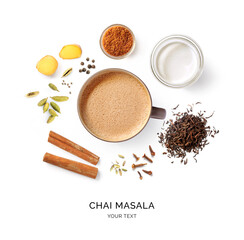 Creative layout made of chai masala on a white background. Top view. Indian drink. Black tea with milk and species.  - obrazy, fototapety, plakaty