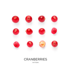 Seamless pattern with cranberries on the white background.. Flat lay. Food concept.  