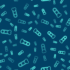 Green line Baby clothes pin icon isolated seamless pattern on blue background. Classic closed steel safety pin. Vector.