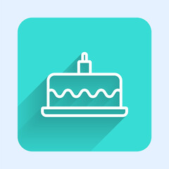 White line Cake with burning candles icon isolated with long shadow. Happy Birthday. Green square button. Vector.
