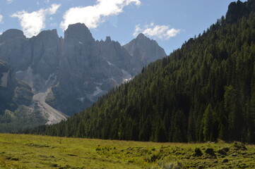 Hiking in the lush and dramatically beautiful Val di Fiemme and Passo Rollo in the Dolomites,...