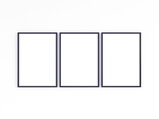 Three A4 black photo frames with vertical orientation. 3D illustration.