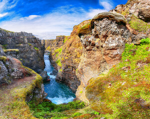 Marvelous view of  Kolugljufur canyon and Kolufossar falls.