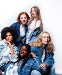 diverse multi nation girls group, teenage friends company cheerful having fun, happy smiling, cute posing isolated on white background, lifestyle people concept, african-american and caucasian
