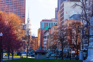 View of Park Street Evangelical Church in Boston Common in downtown, Massachusetts, USA