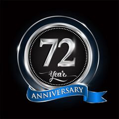 Celebrating 72nd years anniversary logo. with silver ring and blue ribbon.