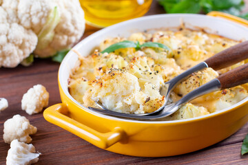 Cauliflower with cheese sauce, vegetarian healthy dish