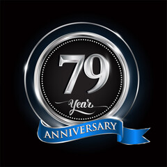 Celebrating 79th years anniversary logo. with silver ring and blue ribbon.