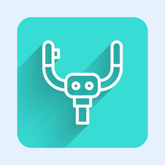 White line Aircraft steering helm icon isolated with long shadow. Aircraft control wheel. Green square button. Vector.