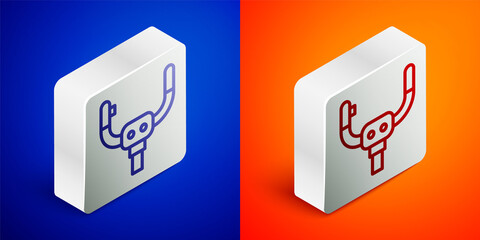 Isometric line Aircraft steering helm icon isolated on blue and orange background. Aircraft control wheel. Silver square button. Vector.