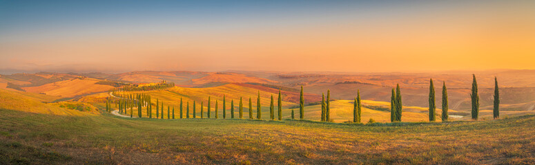 Fototapeta na wymiar Wide angle panorama of summer sunrise over beautiful curved road with cypress trees rolling over the hills. Travel destination Tuscany, Italy